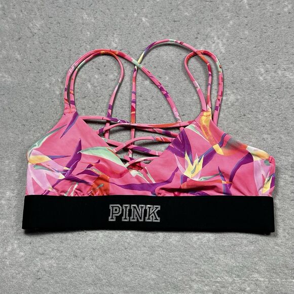 Victorias Secret PINK Sports Bra Small Pink Palm Leaf Print Ultimate Strappy - Picture 1 of 9
